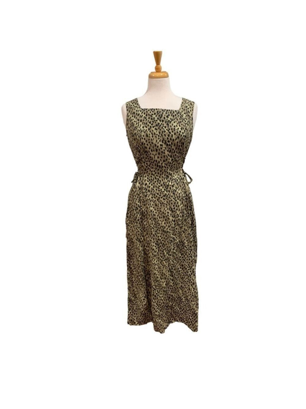 Vntg 90’s Women's Olivia Rose Green & Black Leopard Print Midi Dress, Size 8